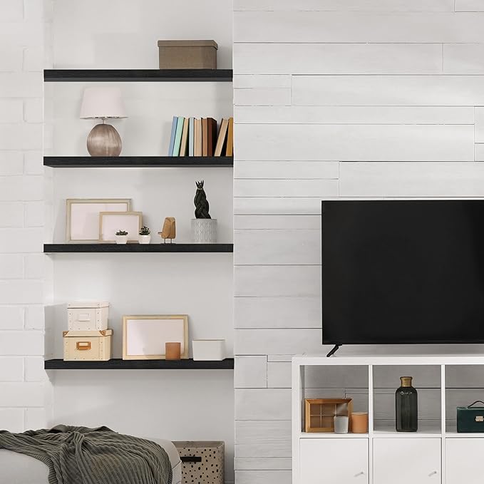 Sorbus Wood Floating Shelves for Wall - 35” Solid Wood Wall Shelves for Bathroom Decor, Books, Bedroom & Living Room - Set of 2 Black Wall Mounted Kitchen Shelves - Durable Solid Pine