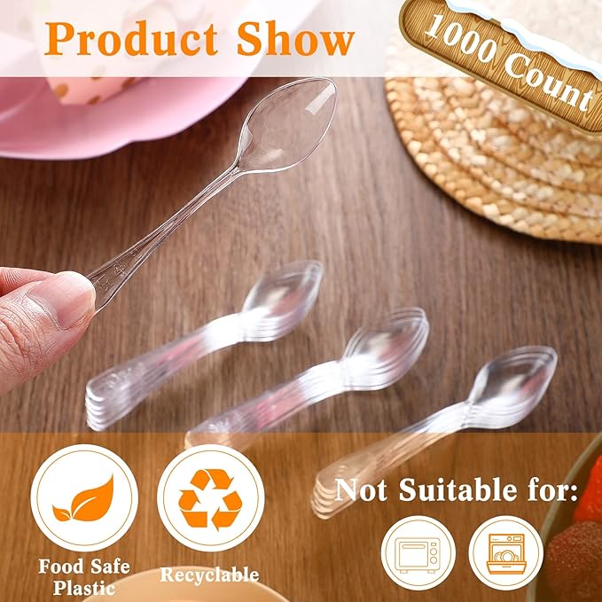 1000 Pcs Clear Mini Spoons for Desserts Small Plastic Tasting Tiny Disposable Spoons Plastic Serving Utensils Bulk for Sample, Ice Cream, Appetizer, 3.7 x 0.8 Inch
