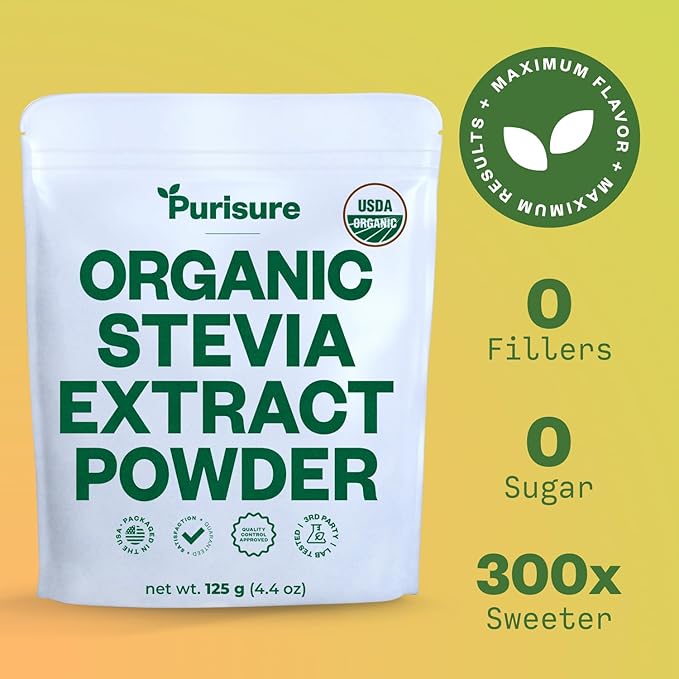 Organic Stevia Concentrated Powder, 125g, Organic Pure Stevia Powder, No Fillers, No Artificial Sweeteners, No Aftertaste, Zero Calorie Sweetener, Sugar Substitute, 4.4 oz, 846 Servings