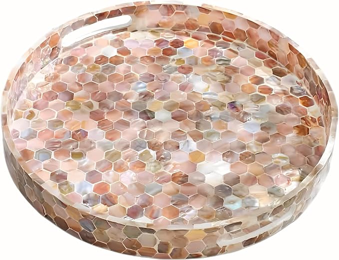 i-lan 16 Inch Mother of Pearl Inlay Decorative Serving Tray with Handles,Round Wooden Marble Decorative Mosaic Home Serving Tray Platter for Tea,Breakfast,Display