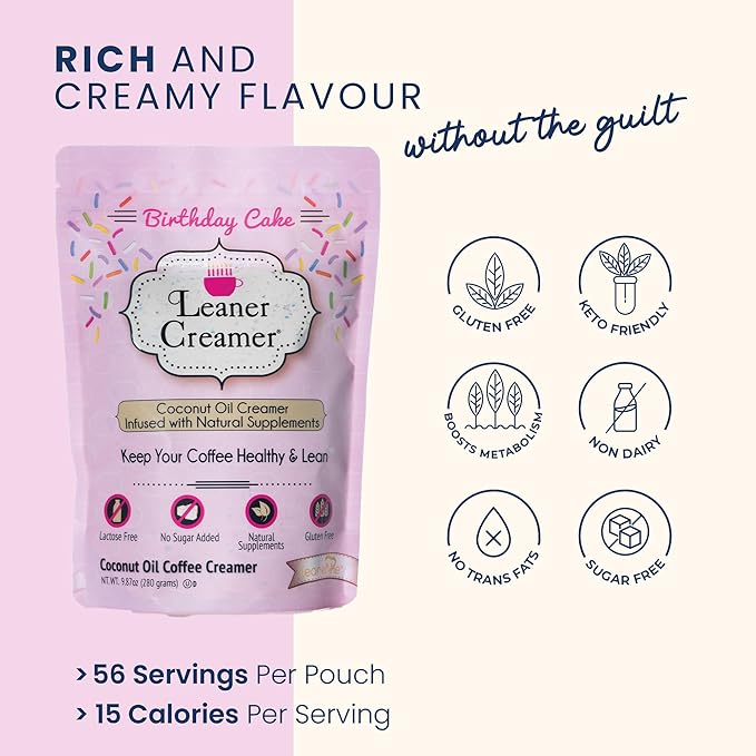 Leaner Creamer Coconut Creamer with Superfood Ingredients – Non-Dairy, Sugar-Free, Keto, Gluten-Free Powdered Coffee Creamer – Birthday Cake – 280g