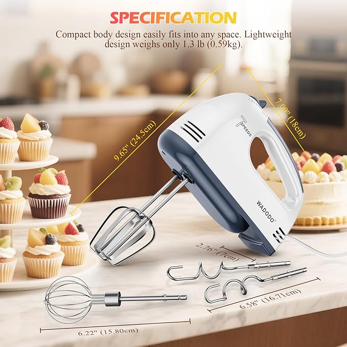 WADODO 200W Electric Hand Mixer – 7-Speed Kitchen Mixer Small Food Mixer with 304 Stainless Steel Beaters, Dough Hooks & Whisk for Baking Cakes, Cookies & Cream
