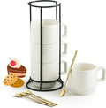 Coffee Mugs Set of 4, Stackable Coffee Cups with Holder Spoons 11oz Ceramic Espresso Cup for Cappuccino Latte Tea Drinks, Dishwasher & Microwave Safe, White