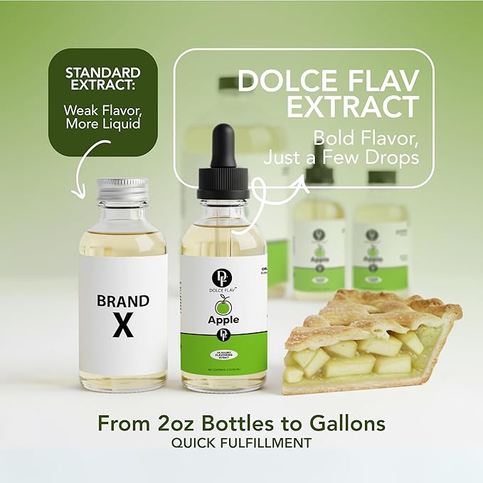 Dolce Flav Apple Extract – 8 Ounce Oil-Soluble Kosher, Sugar-Free, Concentrated Crisp Apple Flavoring for Baking, Chocolates & Desserts