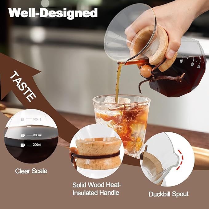 Pour Over Coffee Pot Set 400ml 13.5oz Features 304 Stainless Steel Filter Glass Coffee Pot with High Borosilicate Glass Duckbill Spout Design Solid Wood Handle Pour Over Coffee Daily Brewing