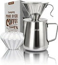 AGOGO Portable Pour Over Coffee Maker V60 Set - Easy Cleaning Compact 304 Stainless Steel Dripper for Camping & 50 Filters Paper & Cleaning Rag Silvery 30oz