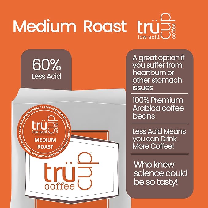 trücup Low Acid Coffee, Ground Coffee Medium Roast - Drip Grind 12 Oz, Natural Water&Steam Process 60% Less Acid, Smooth Flavor, Stomach-Friendly Rich in Antioxidants