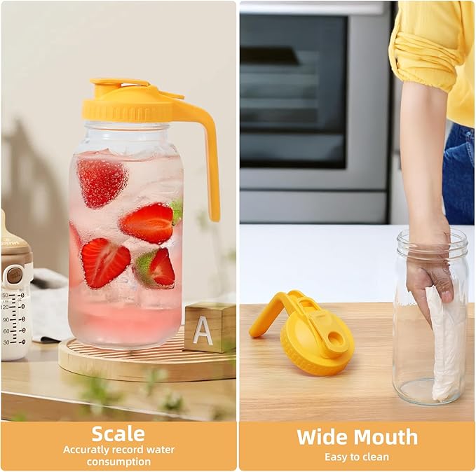 Glass Mason Jar Pitcher - 64 oz/2 Quart Wide Mouth Jug with Lid and Pour Spout, Airtight Seal, Leak Proof Iced Tea Pitcher for Sun Tea, Juice, Breast Milk, Cold Beverages, Coffe