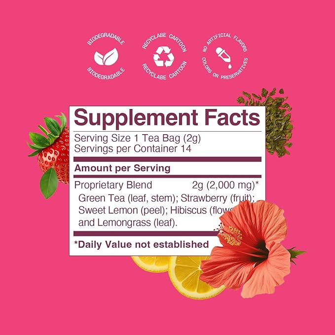 Kura Klub Superflower Hibiscus Green Tea | Whole-Leaf Light-Caffeine Blend with Strawberry Lemon Notes | Antioxidant Fruit & Floral Superherb Tea for Daily Hydration |Premium Pyramid Teabags