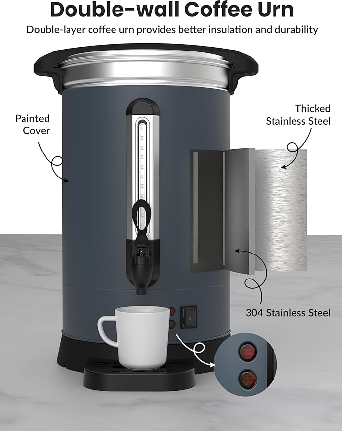 120 Cups Large Coffee Urn with Double Wall Insulation, 18L/4.8 Gallon Stainless Steel Commercial Electric Coffee Maker with Hot Drinks and Hot Water, for Weddings, Parties, Catering, and Buffets