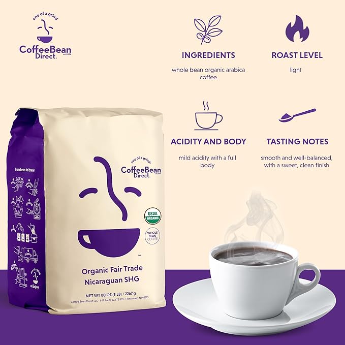 Coffee Bean Direct Organic Fair Trade Nicaraguan SHG, Whole Bean Coffee, Light Roast, 5 Pound Bag (Pack of 1)