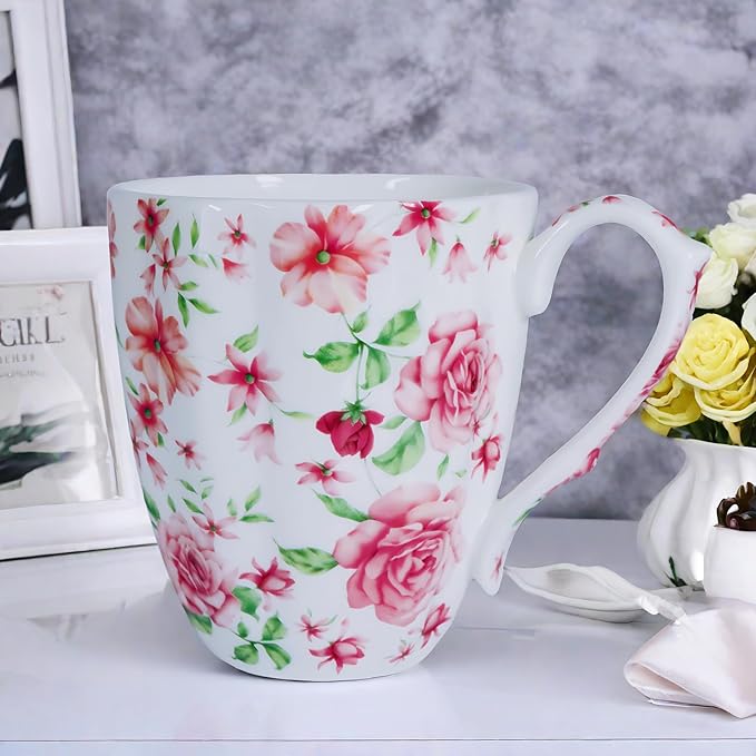 14oz Bone China Coffee Mugs for Women Floral Coffee Mug Tea Cups Novetly Coffee Cups Gift for Women Mom Friends