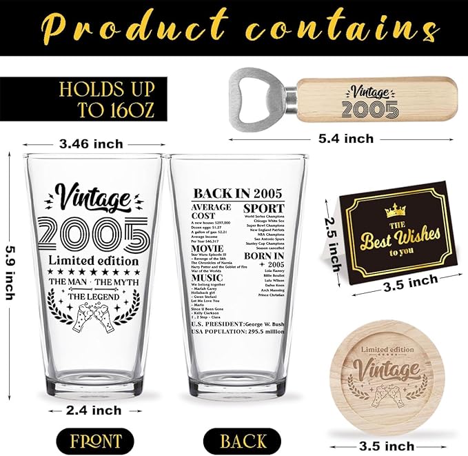 Funny 21st Birthday Gifts for Him Birthday Gifts for 21 Year Old Men Vintage 2005 Beer Drinking Glass Happy Anniversary 21st Birthday Party Decorations for Him - 2026