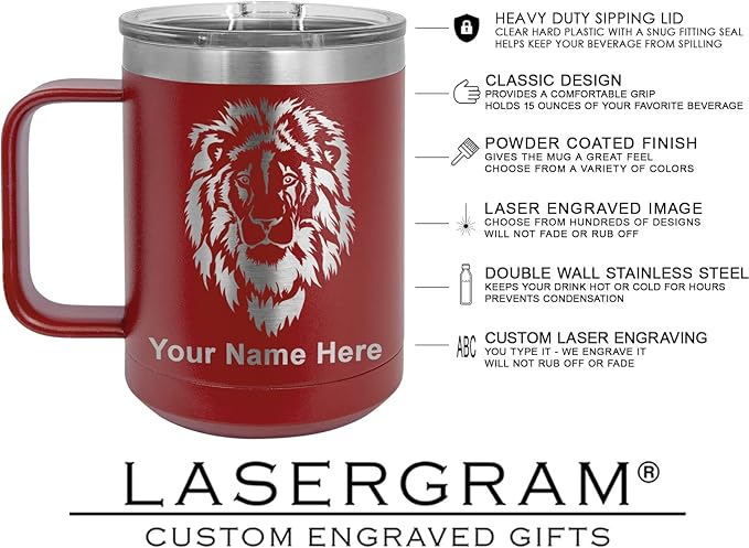 LaserGram 15oz Vacuum Insulated Coffee Mug, Sushi, Personalized Engraving Included (Maroon)