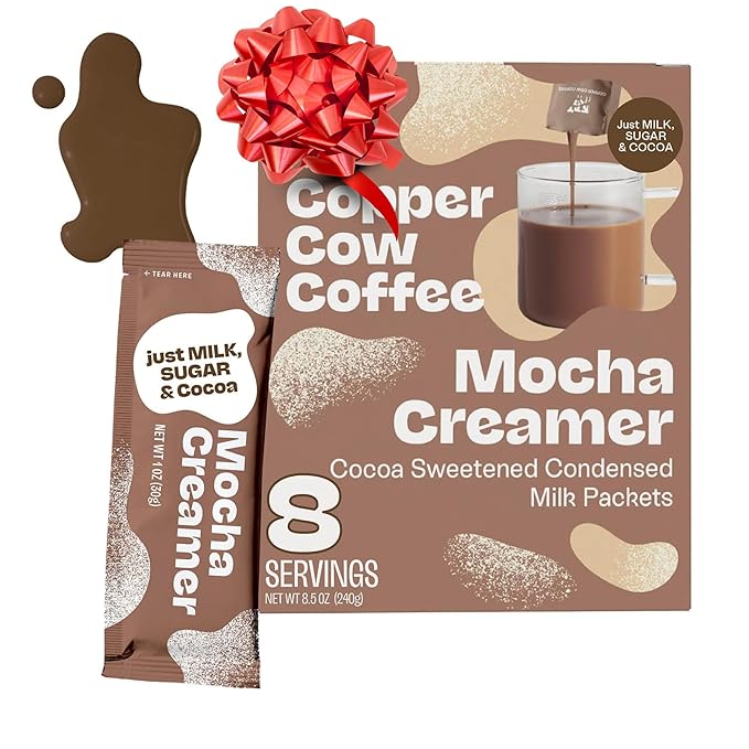 Copper Cow Coffee Sweetened Mocha Milk Creamer Singles (8 pack) | Vietnamese Inspired Coffee Creamer, All Natural Creamer Packets for Pour Overs & Lattes | No Refrigeration Needed, Travel Friendly
