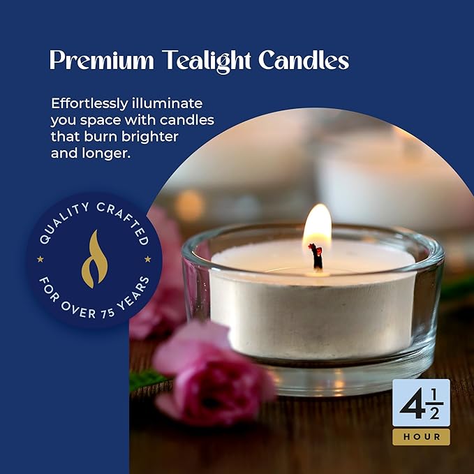 Lerner Tealight Candles, 50 Count | 6 Hour Long-Burning White Tea Lights | Non-Toxic, Smokeless & Soot-Free