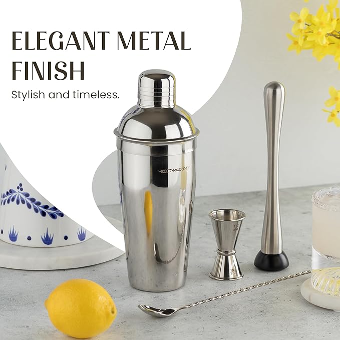 Modern Mixology 8-Piece Cocktail Shaker Set, 24oz Stainless Steel Bartender Kit with Velvet Giftable Bag, Curated Travel Cocktail Kit for Hosting Essentials (Silver)