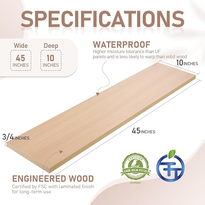 Kaboon 45 inch Long 10 inch Deep Floating Shelves for Wall Set of 2, Large Open Shelves Wall Mounted, Space Saving Home and Commercial Use, Light Walnut