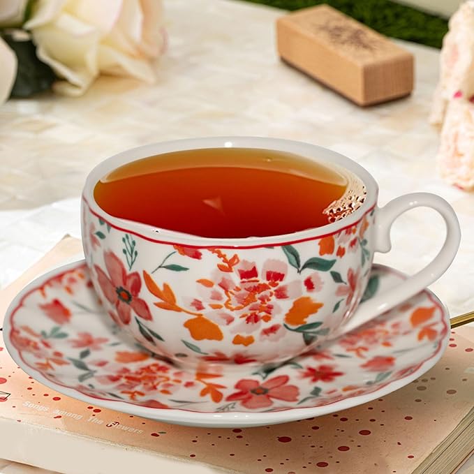 Cups and Saucers Coffee Tea Cups Set of 2 (7.4 oz/ 220ml) Ceramic Cup Espresso Mug Floral Porcelain Vintage Flower Pattern for Gifts, Gatherings, Receptions,Breakfast, Home