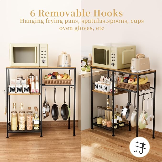 Consumest Microwave Stand, Adjustable Coffee Bar Cabinet, Multifunctional Pan Organizer with 6 Hooks and 3 Shelves, Bakers Rack for Shovel, Pots, Fruits, Vegetables, Brown&Black