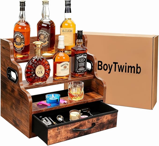 3-Tier Liquor Bottle Display Shelf with Drawers- Holds 12 Bottles & 36 K-Cups, Countertop Wine Rack, Coffee Syrup Rack, for Mini Bar, Whiskey, Spice Rack