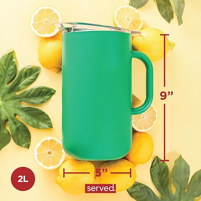 Served Premium Insulated Pitcher (2L/66oz) - Double Walled, Copper Lined Stainless Steel Pitcher with Lid - Vacuum Insulated Carafe for Hot Coffee, Tea, Iced Drinks, Water, Cocktails, and More