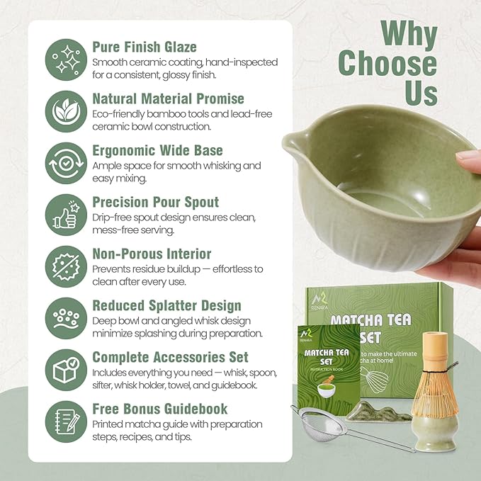 Matcha Whisk Set 9 Pcs | 19oz Ceramic Matcha Bowl with Bamboo Whisk & Holder, Sifter, Chashaku Scoop, Wooden Spoon, Scoop Rest, Tea Towel & Gift Box | Complete Matcha Kit for Matcha Lovers