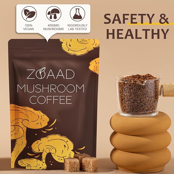 Mushroom Coffee, Organic 6 Mushrooms with Lion's Mane & Cordyceps Coffee for Sustained Energy, Mental Focus, Digestion & Immune Support, Instant Powder Coffee Low Caffeine, 6.35 Ounce 1 Pack