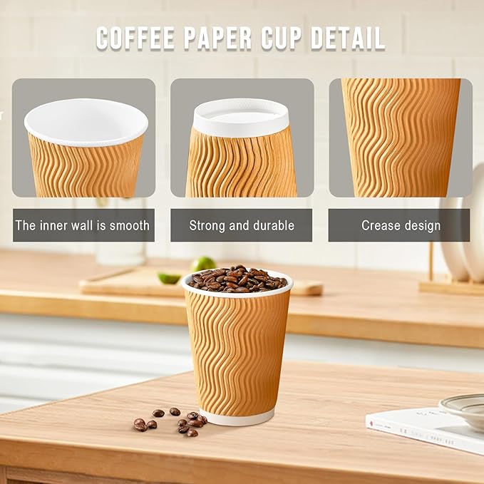 90 Pack 16 oz Disposable Coffee Cups, Insulated Ripple Wall Paper Coffee Cups 16oz, To Go Cup for Espresso, Hot Beverage Drinks (No Lids)
