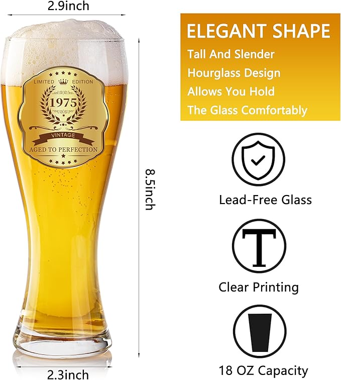 50th Birthday Beer Glasses Gifts, Personalized '1975' Vintage Glass Ware Set for Men, Black Gift Package with Drinking Glass, Coaster, and Card for 50 Years Old Man