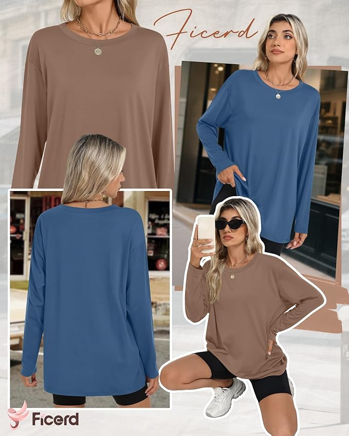 Ficerd 3 Pack Women's Oversized Long Sleeve Shirts Cotton Gym Round Neck Tops Loose Fit Casual Workout Baggy Fall Basic Tee