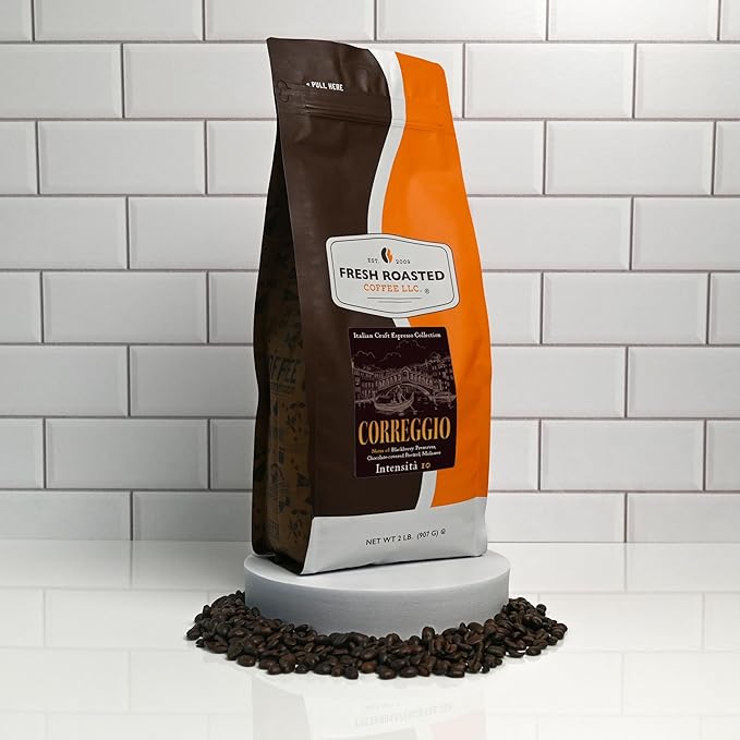 Fresh Roasted Coffee, Correggio Italian Craft Artisan Blend, 2 lb (32 oz), Dark Roast, Kosher, Ground