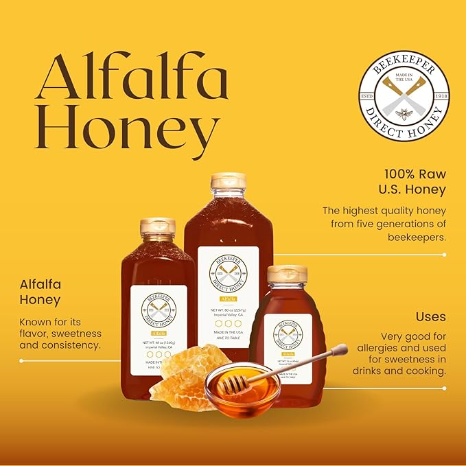 Beekeeper Direct Unfiltered Honey - Real Raw Alfalfa - All Natural Non-GMO Pure Gourmet - Local California Honey (3lbs Squeeze Bottle)