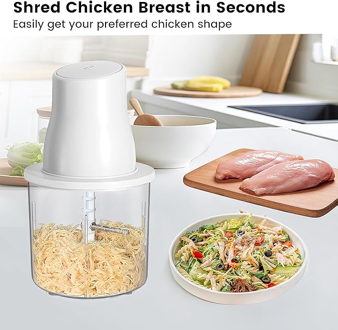Electric Chicken Shredder, Automatic Food Chopper with Chicken Breast Shredder & Meat Grinder, 2 Sets of Blades for Chicken/Pork/fish/Vegetable/Baby Food (White)
