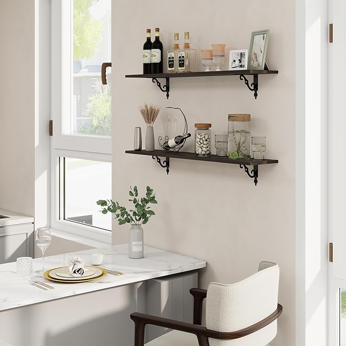 RICHFOCUS Floating Shelves for Wall Decor, 39.4W x 8D Shelves Set of 2, 8 Inch Deep Rustic Wood Shelves Wall Mounted with Brackets, Long Floating Shelves for Living Room Bedroom Kitchen, Black