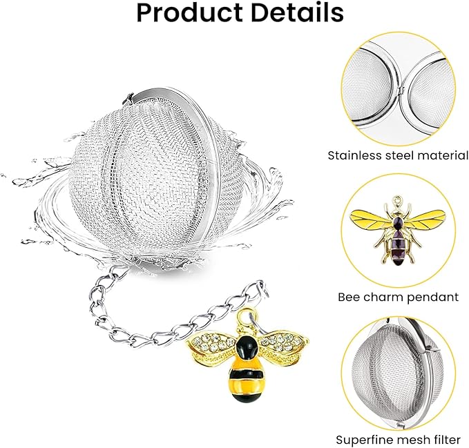 10 Pcs Mesh Tea Infuser,Stainless Steel Tea Ball Filters with Honey Bee Pendant Handmade Tea Steeper Strainer Tea Diffuser with Bee Charms for Loose Leaf Tea