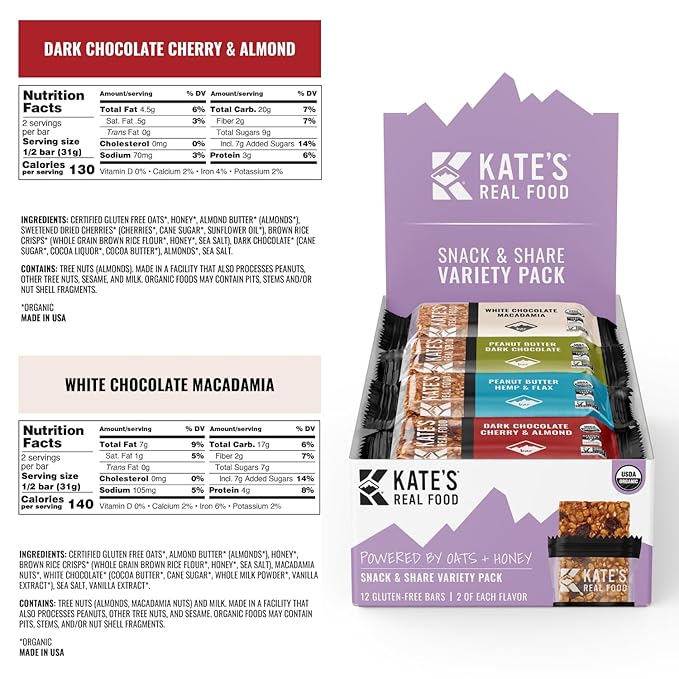 Kate’s Real Food Organic Granola Bars - Variety Pack (2.2 oz, Pack of 12) - Organic Energy Bars Made with Gluten Free Oats - Non GMO, Soy Free, Whole Grains, and All Natural