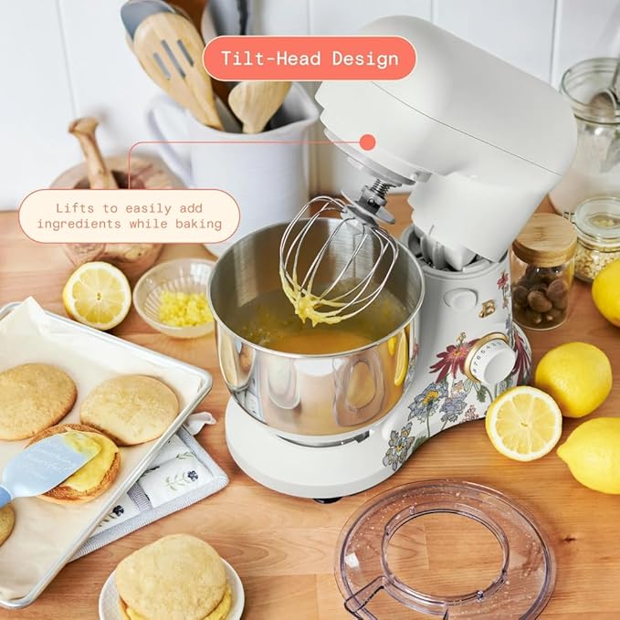 Beautiful 3.5QT 300W Stand Mixer with 12 Speeds, Tilt-Head, Splash Guard & Dishwasher-Safe Accessories, Soft Matte Finish Mixes Up to 5 Dozen Cookies, (Wildflower White Icing)