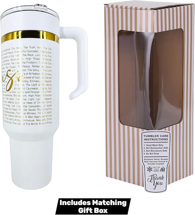 Christian Tumbler 40oz Stainless Steel Insulated Cup with Straw & Handle – Scripture Design Featuring Names of Jesus (Savior, Redeemer, Prince of Peace, Light of the World) (Jesus)