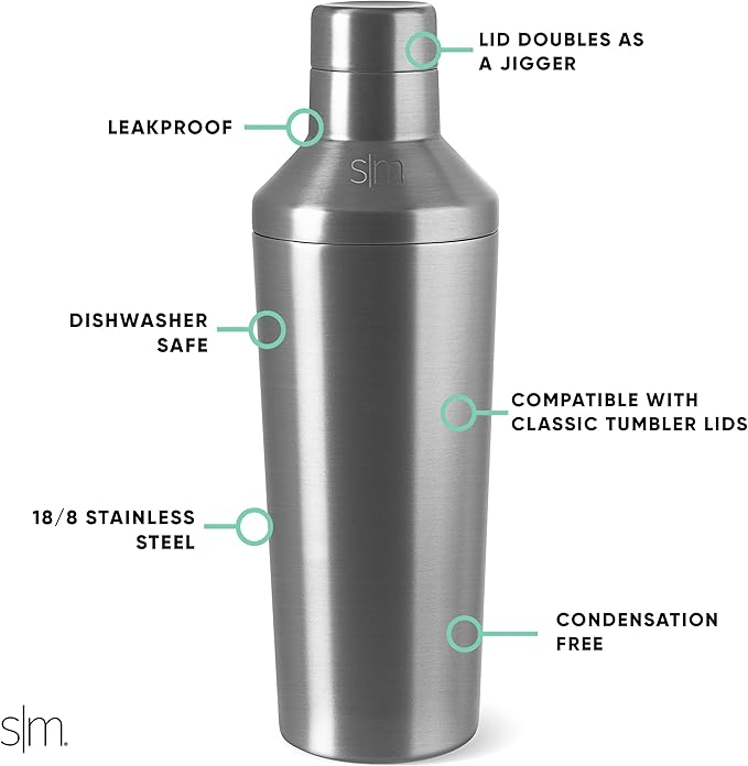 Simple Modern Cocktail Shaker Set with Jigger Lid | Stainless Steel Boston Shaker Insulated Martini Mixer for Mocktails | Gifts for Men Women Him Her | Classic Collection | 20oz | Simple Stainless