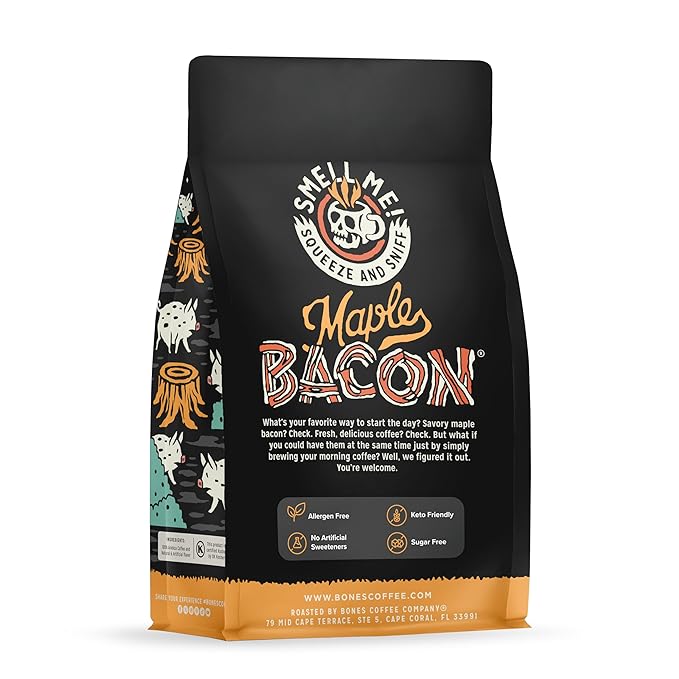 Bones Coffee Company Maple Bacon, Bacon and Maple Syrup Flavored Coffee, Medium Roast Low Acid Arabica Beans Compatible with Auto drip and French Press Coffee Maker, 12 Oz Whole Bean