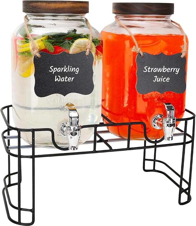 Glass Drink Dispensers For Parties, 2 PACK 1 Gallon Beverage Dispenser With Wooden Lids, Metal Stand And Spigot 100% Leak proof. Lemonade Dispenser With Chalk board