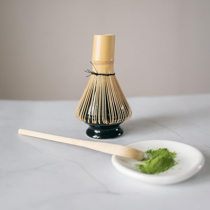 Japanese Matcha Tea Set (7pcs) - Matcha Whisk and Bowl, Whisk Stand (Chasen Holder), Scoop, Starter Making Kit for Matcha Tea Ceremony (Kiln Glaze-White)