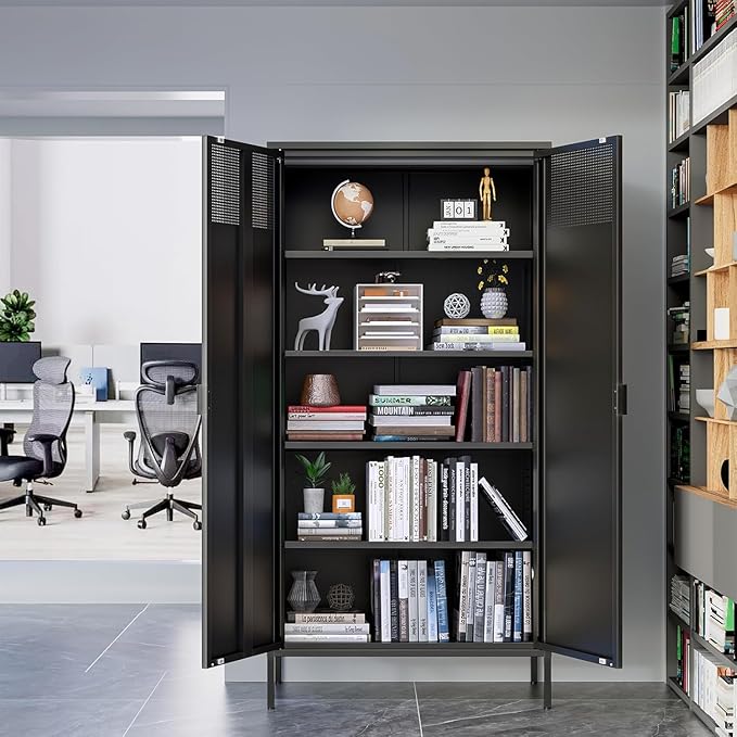Black Metal Storage Cabinet with Doors and 4 Adjustable Shelves,Metal Locker Storage Cabinet, Metal Tool Cabinet, 71" Steel File Cabinet for Office, Home, Garage, School