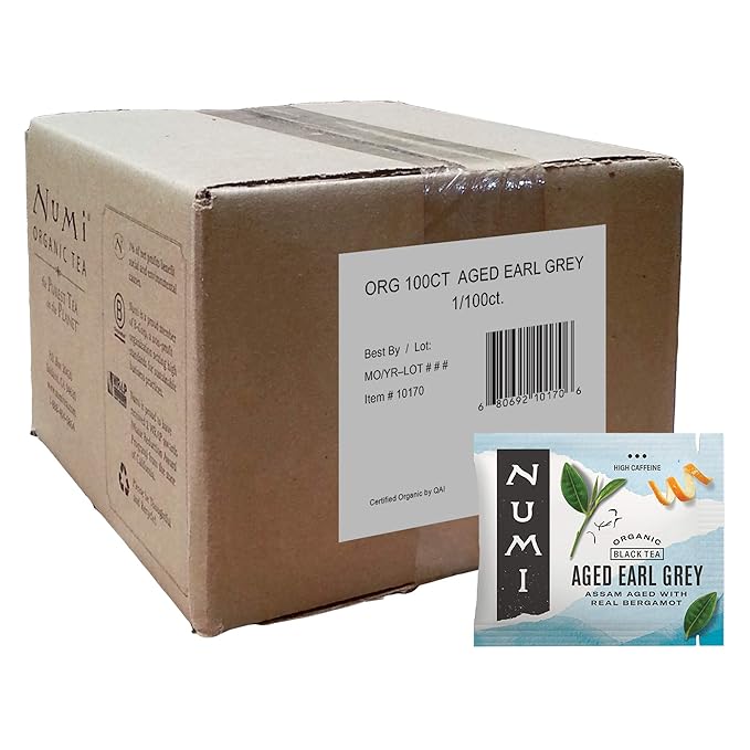 Numi Organic Aged Earl Grey Tea, 100 Black Tea Bags, Flavorful Assam Aged Tea with Real Bergamot