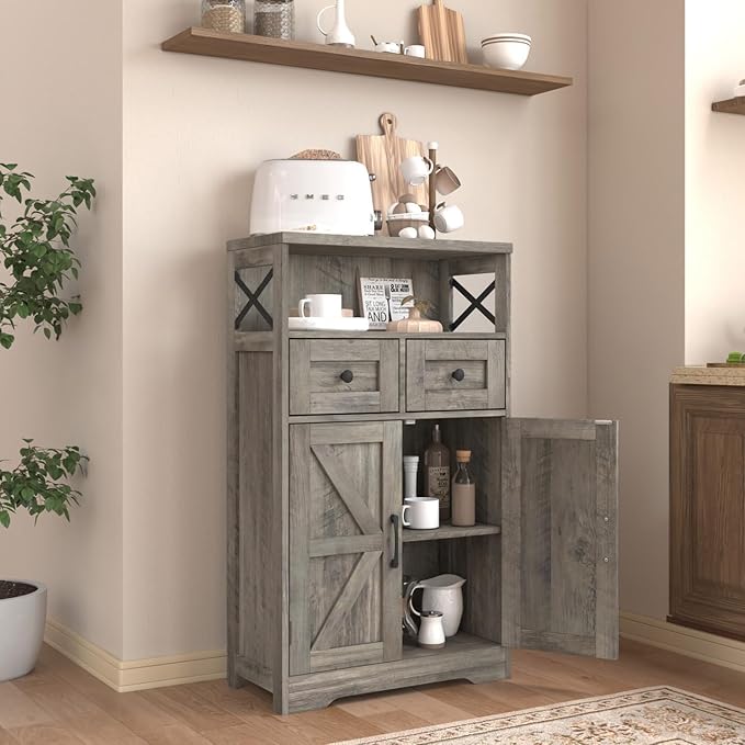 Farmhouse Storage Cabinet with Barn Doors and Open Shelf, Kitchen Pantry with Storage, Coffee Bar Station, Freestanding Cupboard Hutch Cabinet for Kitchen, Dinning Room, Livingroom, Grey