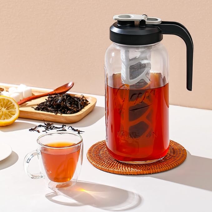 AOZITA Iced Tea Maker Pitcher with Infuser and Lid - 2 Quart Glass Mason Jar Pitcher Leak-proof Water Jug, Heavy Duty Glass Container for Tea, Water, Juice, Milk, Iced Coffee, and Drinks