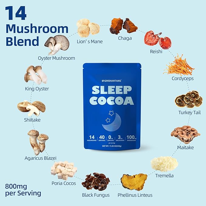 Mushroom Hot Cocoa for Sleep, 40 Servings, Mushroom Hot Chocolate Powder, 14 Mushroom Blend with Magnesium Glycinate, Melatonin, L-Theanine, GABA | Relaxation Calm Aid | Vegan, Keto-Friendly, Gluten-Free