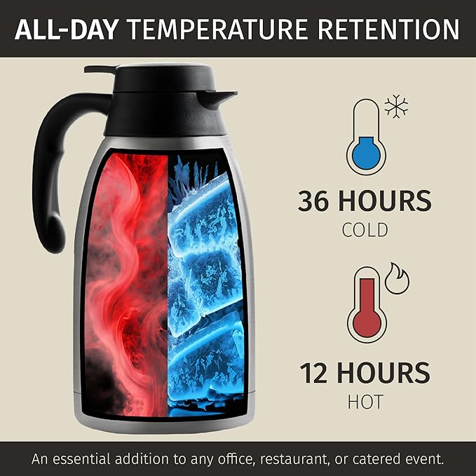 Thermal Coffee Carafe 2L / 68 oz – Updated 2025 Model – Insulated Stainless Steel Coffee Dispenser for Hot & Cold Drinks – 24h Cold / 12h Hot – Coffee Urn & Tea Carafe with Cleaning Brush by Cresimo