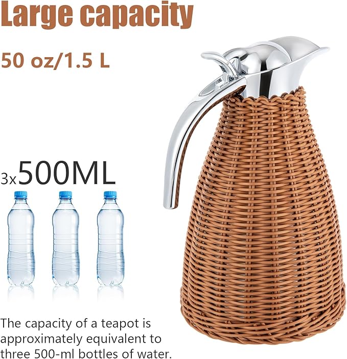 Stainless Steel Coffee Thermal Carafe, 50 Oz/1.5 L Woven Rattan Insulated Coffee Carafe Double Walled Vacuum Insualted 20 Hour Heat Cold Retention (Brown)